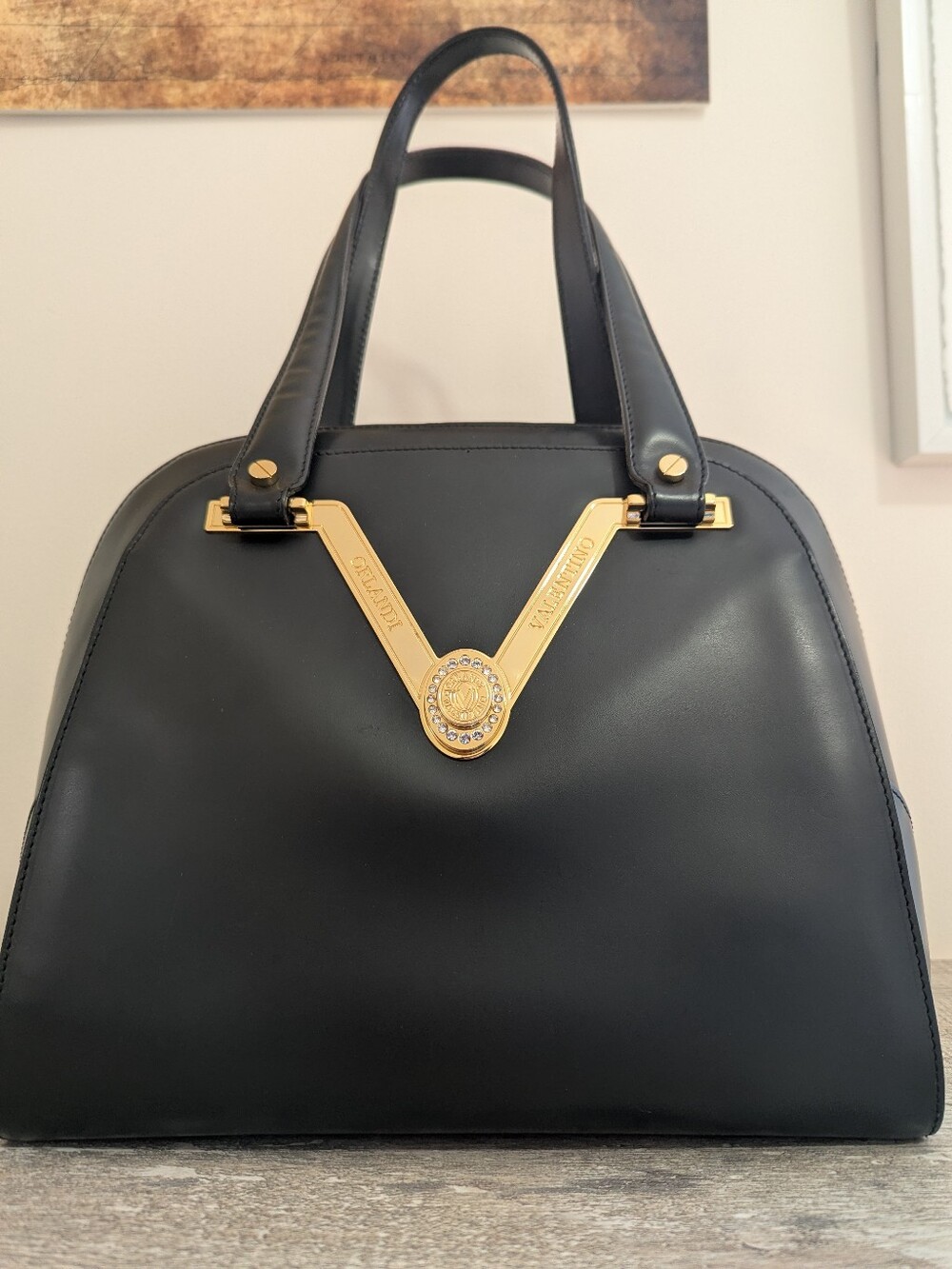 VALENTINO Orlandi Black Leather Women's Satchel Handbag with Gold Accents - Picture 4 of 8